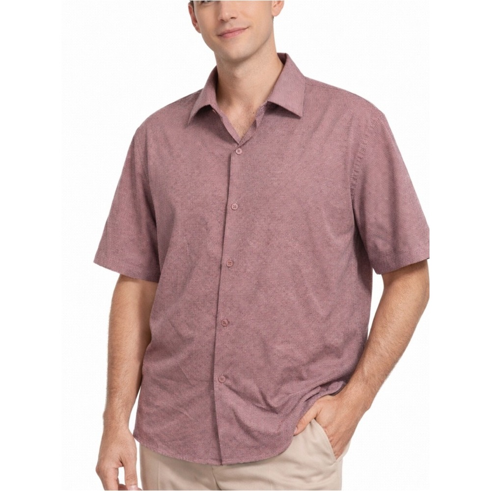 01.ALGO Performance Button Down Shirt Mens Large Mauve Grid Short‎ Sleeve Large